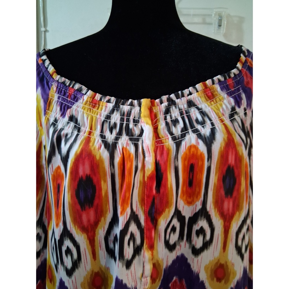 Chicos Ikat Print Smocked Neck Tunic Top Purple Orange Size 2 Large Blouse